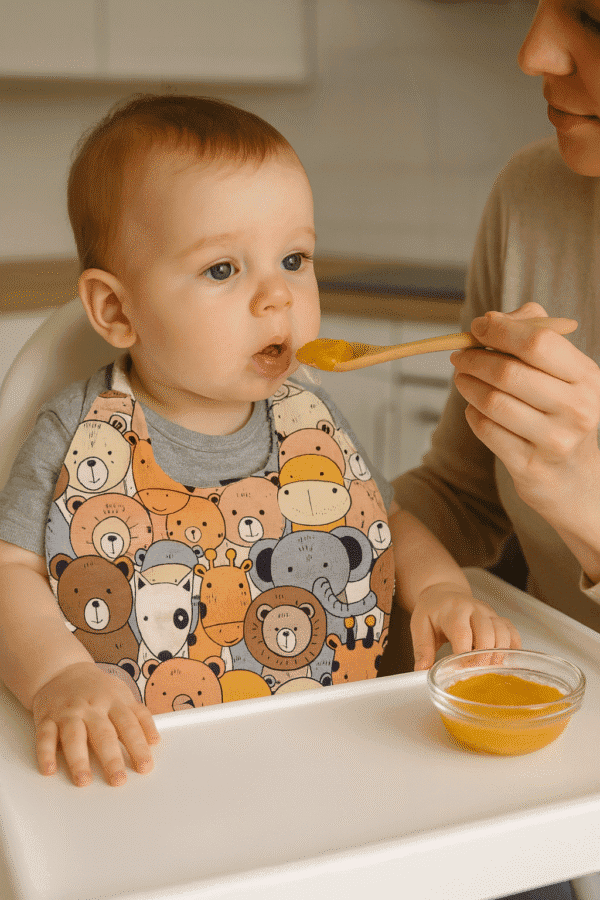 “Mama saatinde kullanılan hayvan desenli bebek önlüğü”