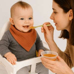 4 katlı müslin bebek mama önlüğü kullanan bebek