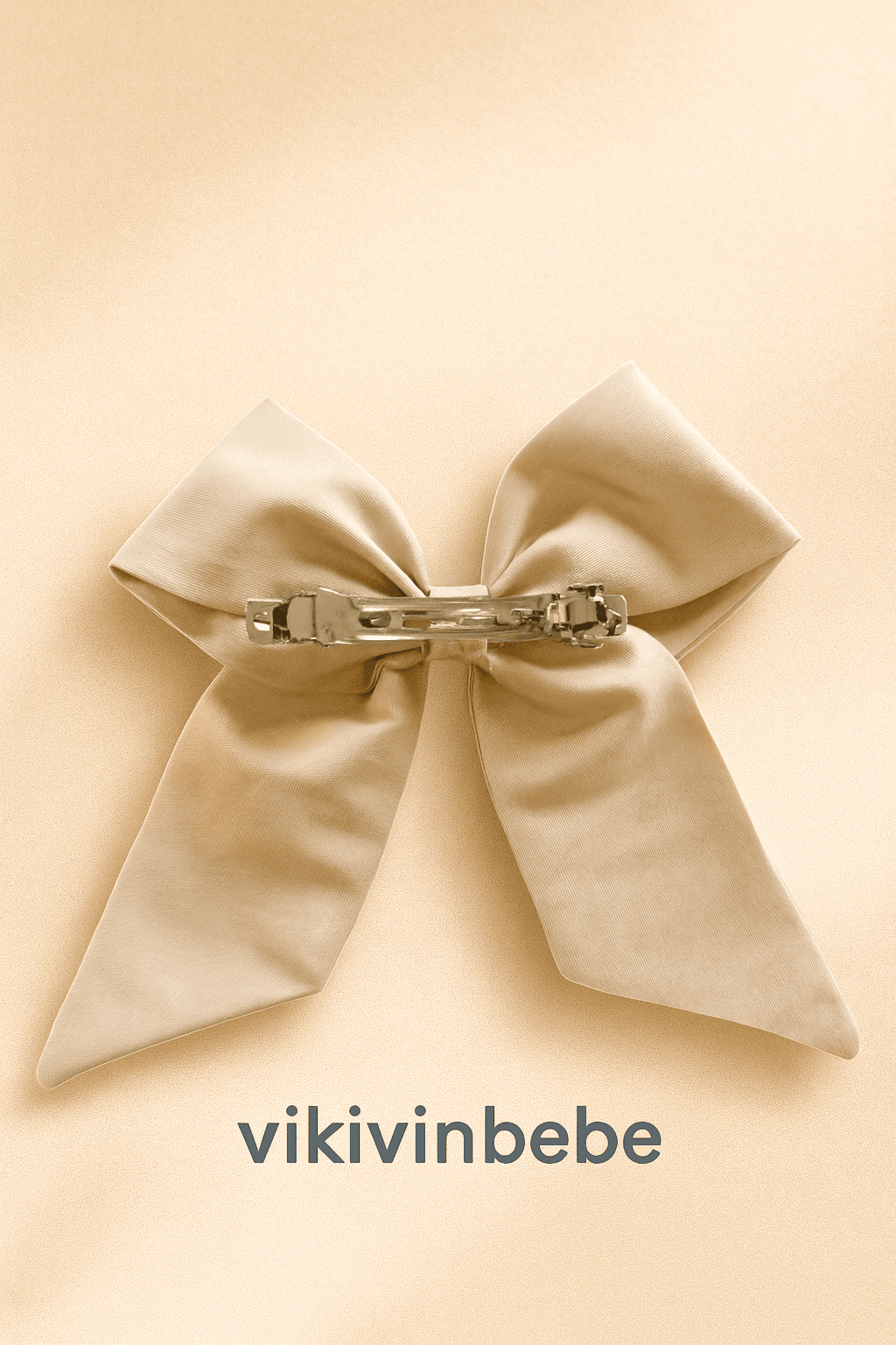 Bej/vizon saten büyük fiyonk toka, arka yüz ve 8 cm otomatik klips – Vikivinbebe