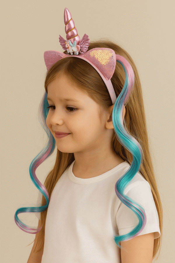 pembe unicorn taç renkli saçlı