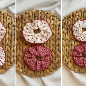 Kırmızı Desenli Scrunchie Toka 2’li Set – Puantiyeli, Fiyonklu ve Kareli Saç Tokası | Vikivin Bebe
