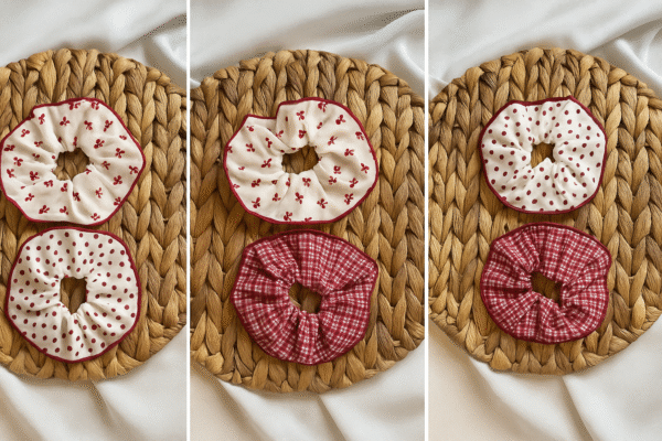 Kırmızı Desenli Scrunchie Toka 2’li Set – Puantiyeli, Fiyonklu ve Kareli Saç Tokası | Vikivin Bebe