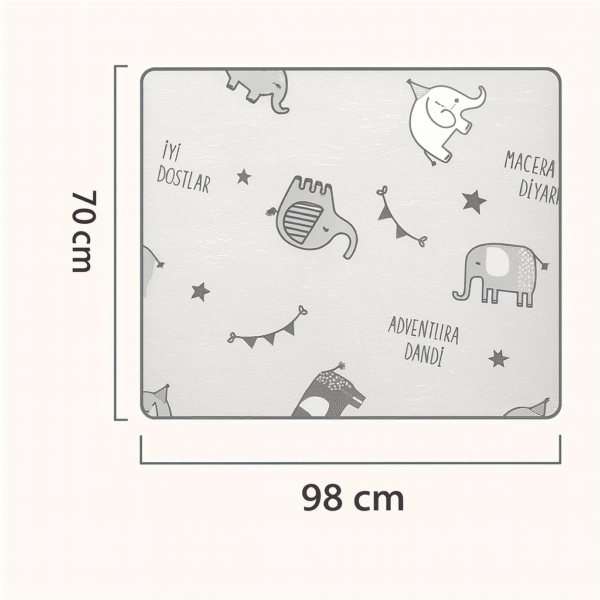 Emzirme örtüsü ölçü tablosu, 98 cm genişlik ve 70 cm yükseklik boyut bilgisi.
