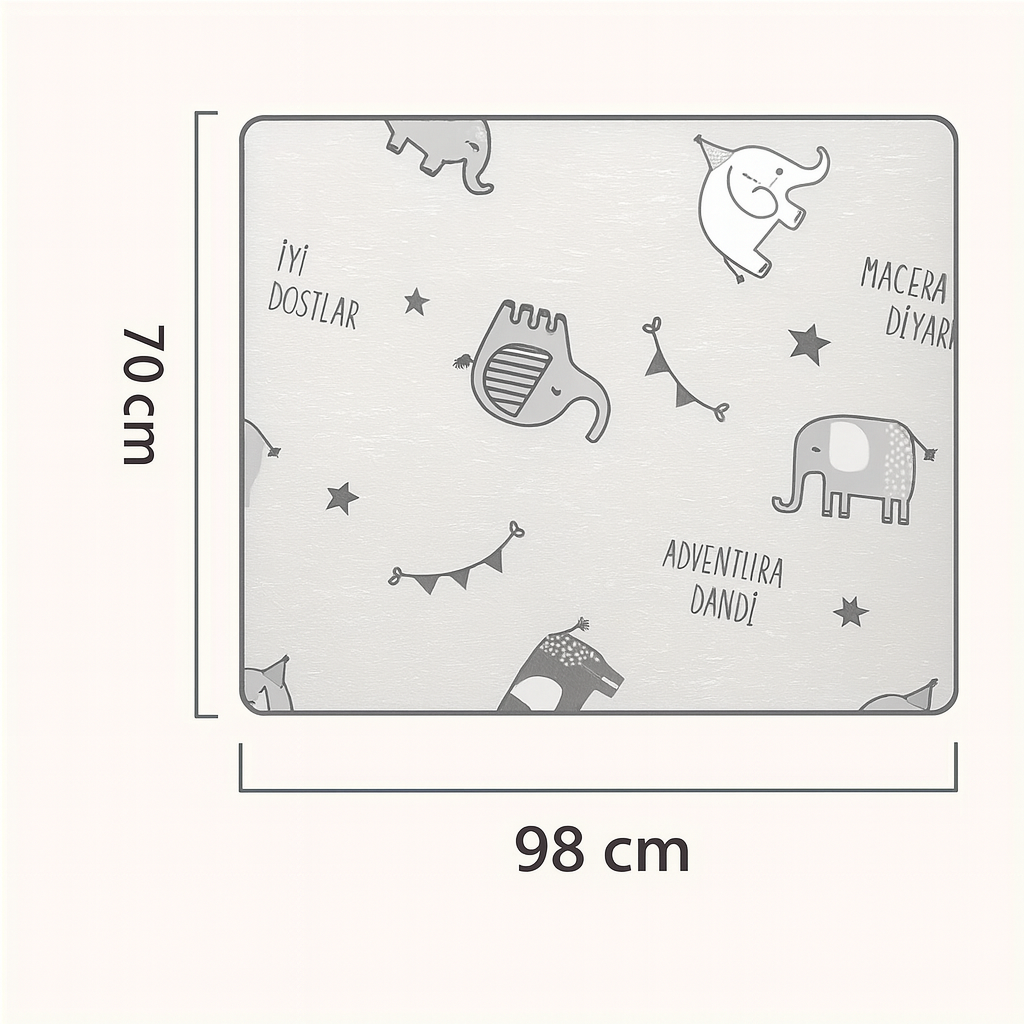 Emzirme örtüsü ölçü tablosu, 98 cm genişlik ve 70 cm yükseklik boyut bilgisi.