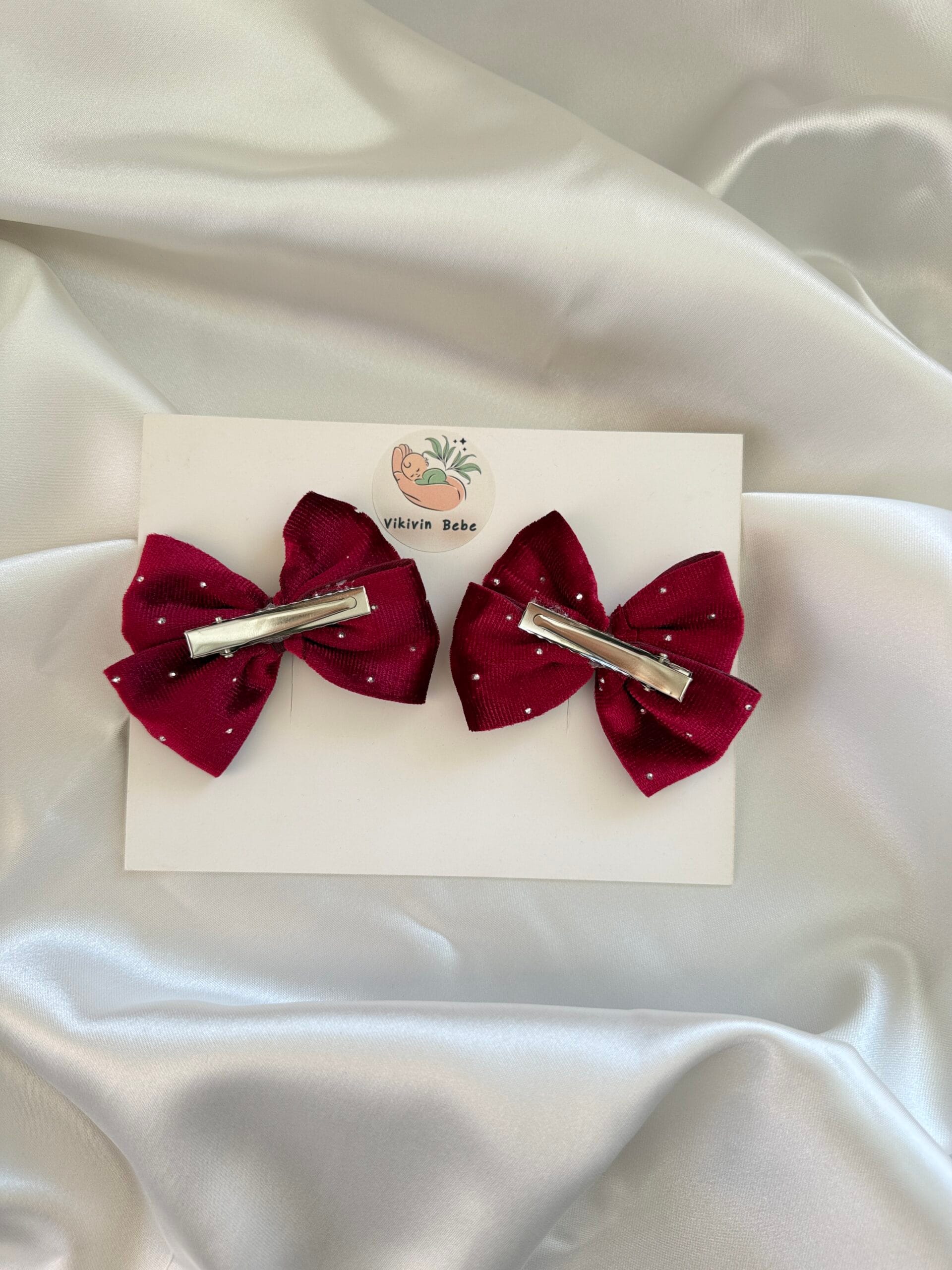 Kız çocuk bordo taşlı toka, el emeği fiyonklu saç tokası