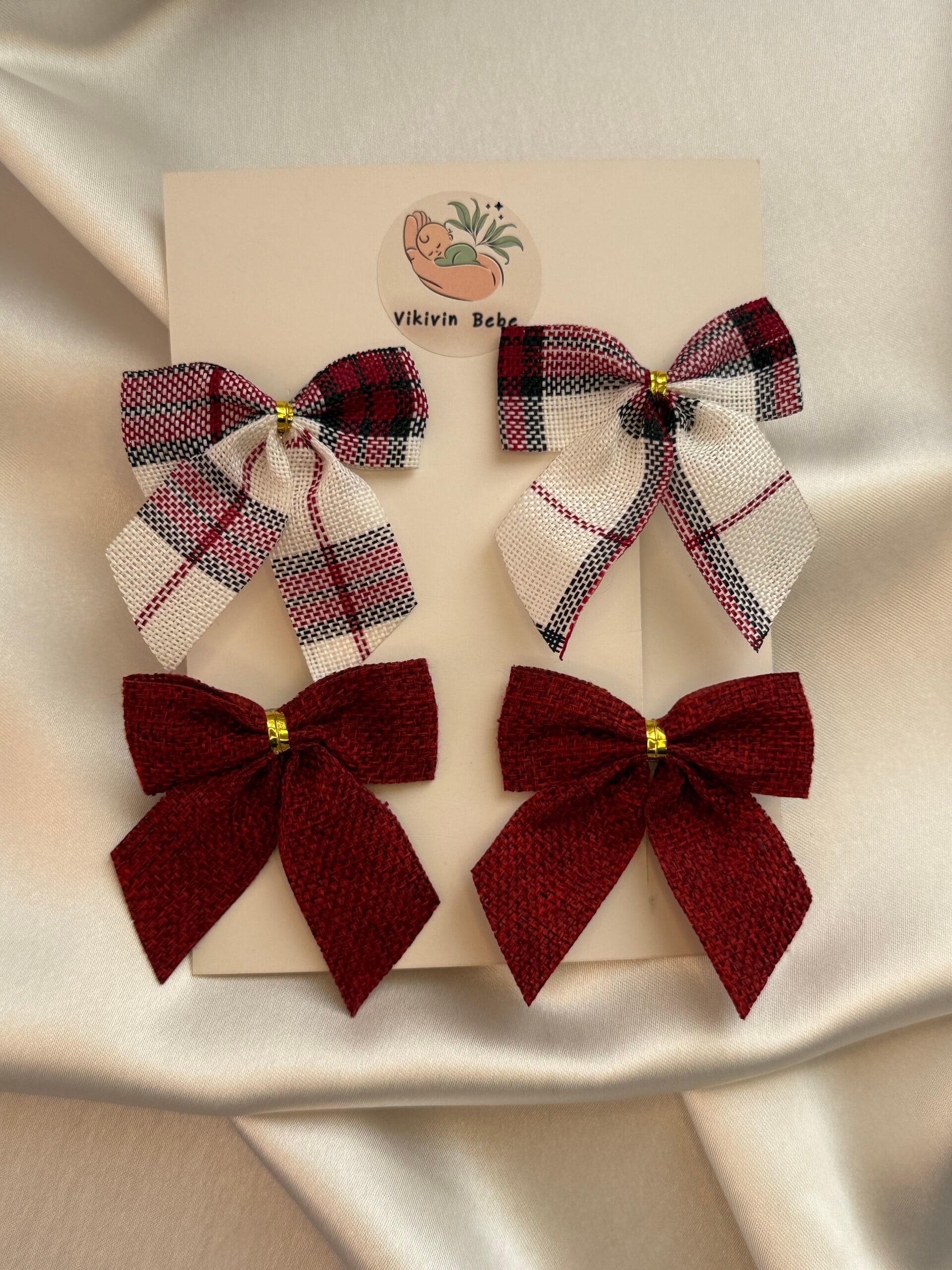 Çocuk Fiyonk Toka 4'lü set ekose ve iki bordo parça, üstten genel görünüş