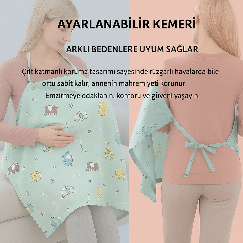 Anne mahremiyetini koruyan, rüzgar geçirmez ayarlanabilir emzirme örtüsü tanıtım görseli.