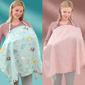 İki renkli emzirme örtüsü seti, pembe ve yeşil model, farklı desen seçenekleriyle.