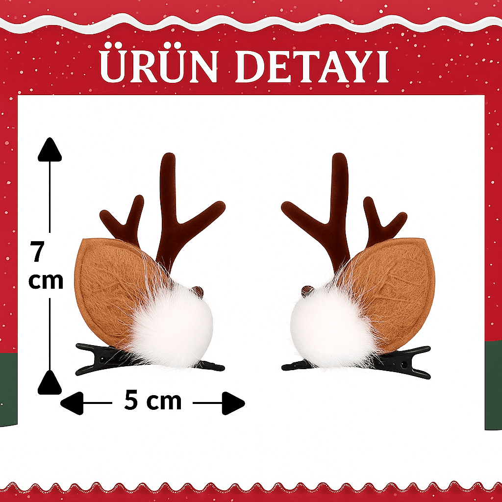 `Ürün detayında ölçüleri gösterilen 2’li ren geyiği saç tokası seti 7x5 cm`