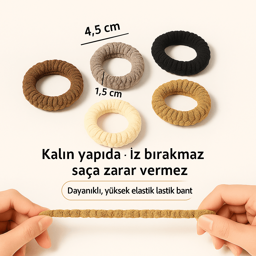`Yüksek elastik, iz bırakmayan saç lastiği seti elde esnetilmiş görünüm`