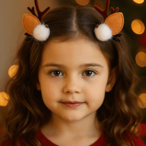 `Yılbaşı ağacı önünde 2’li ren geyiği saç tokası takmış kız çocuğu portresi`