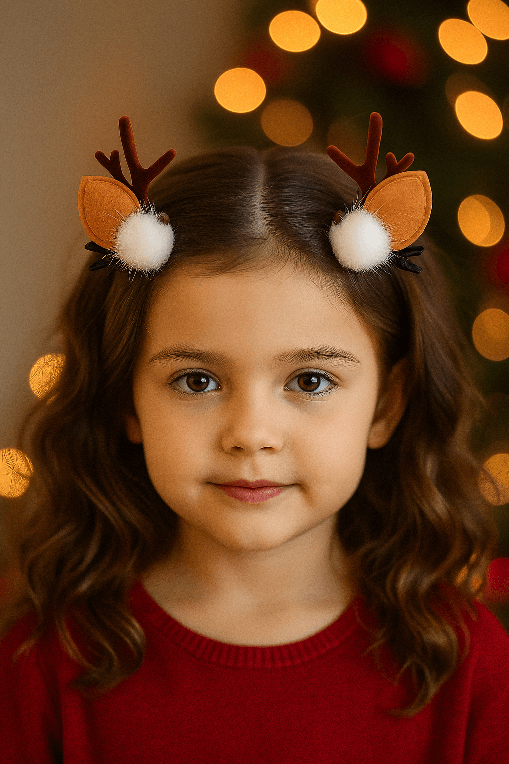`Yılbaşı ağacı önünde 2’li ren geyiği saç tokası takmış kız çocuğu portresi`