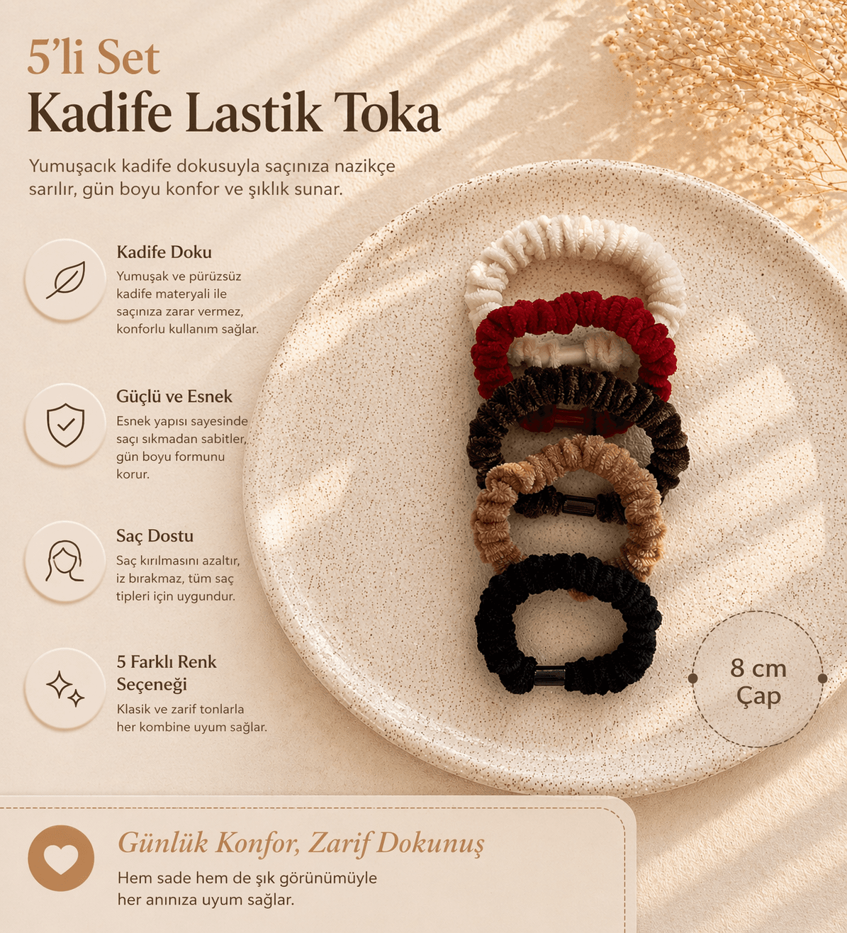 Kadife lastik toka seti üst üste dizili görünüm – yumuşak kadife doku