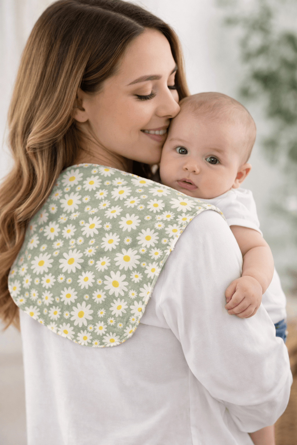 Papatya desenli el yapımı organik omuz bezi anne omzunda kullanım