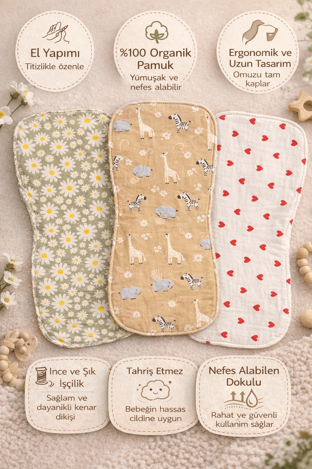 3 farklı desen el yapımı organik omuz bezi set özellikleri