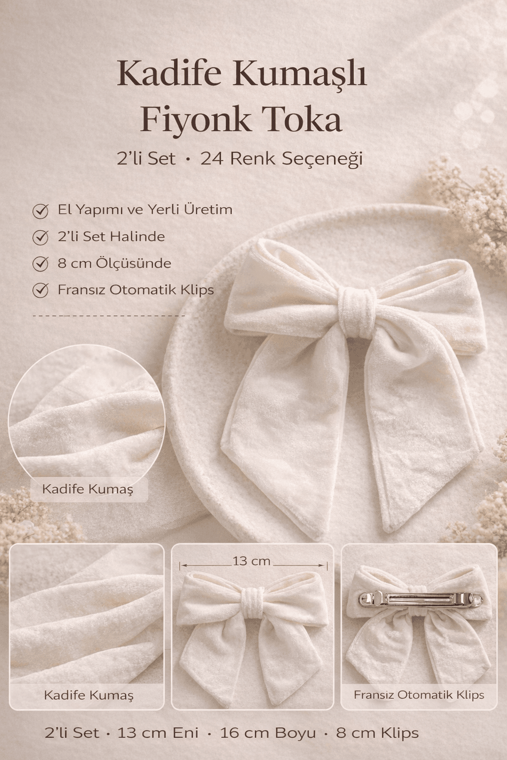 Kadife Kumaşlı 8cm Klipsli OtomatiK FİYONK TOKA