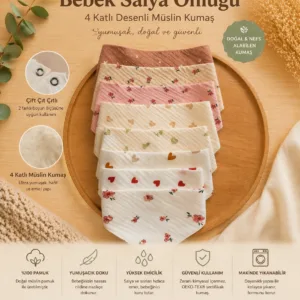 4 katlı müslin bebek salya önlüğü toplu desen görünümü