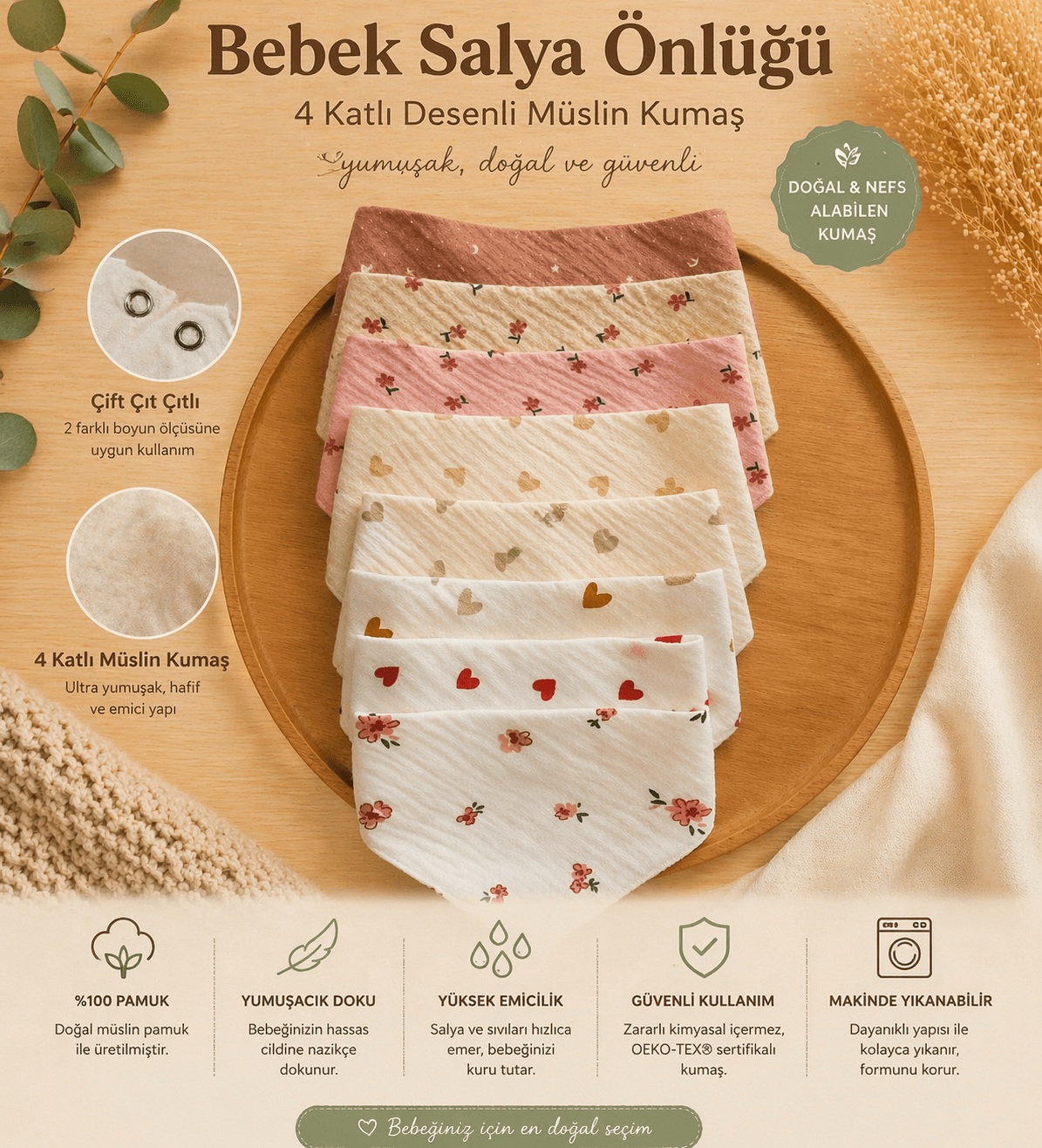 4 katlı müslin bebek salya önlüğü