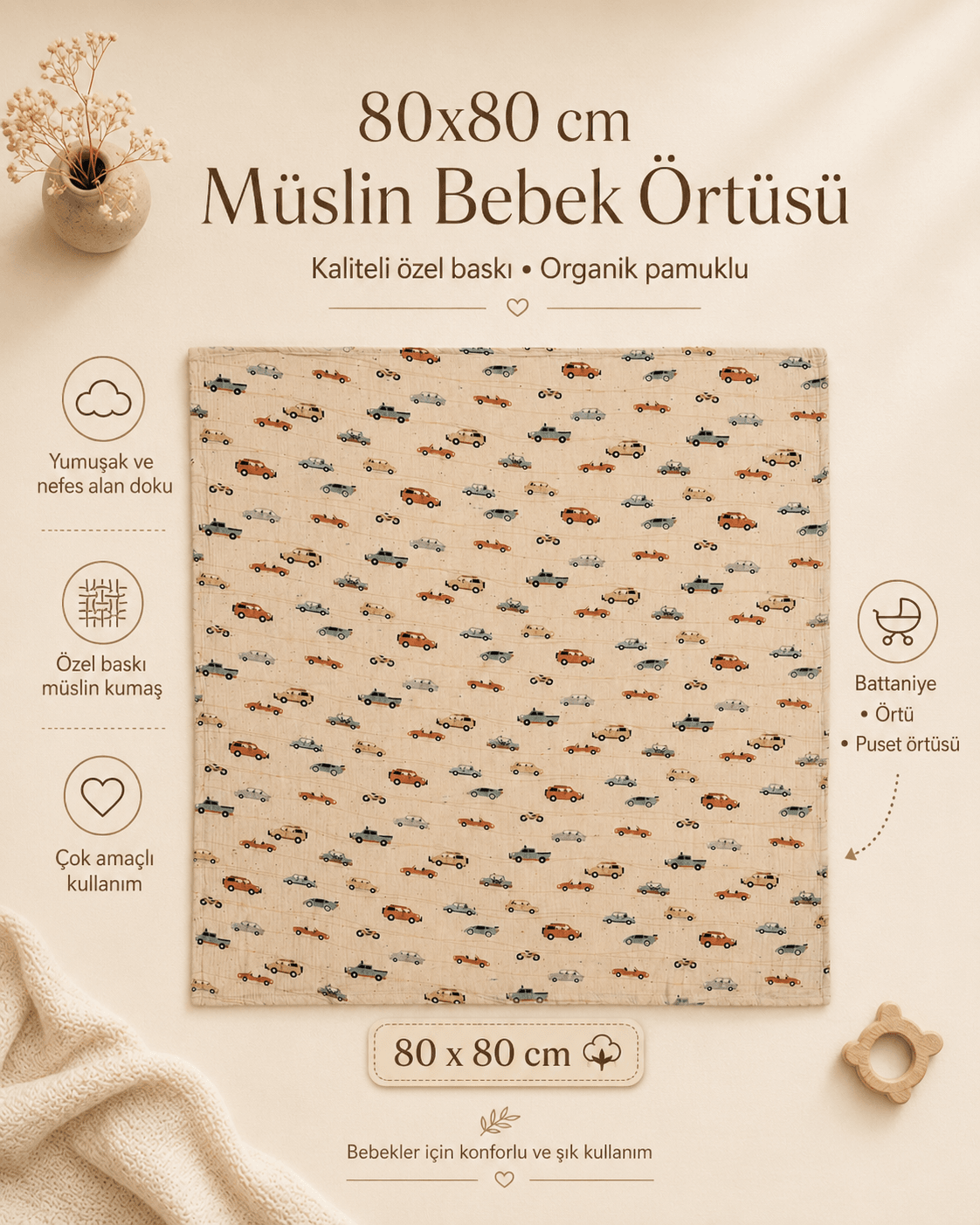 Araba desenli müslin bebek örtüsü 80x80 cm organik pamuklu örtü