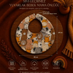 Sıvı geçirmez bebek mama önlüğü ölçü ve özellik tanıtım görseli