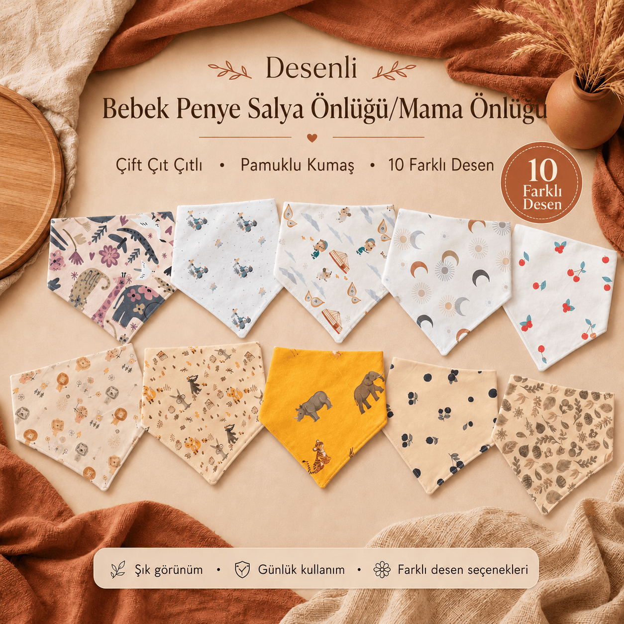 Bebek penye salya önlüğü mama önlüğü çift çıt çıtlı 10 farklı desen