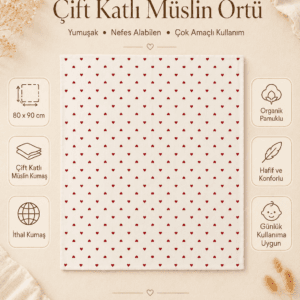 Kalp desenli çift katlı müslin örtü 80x90 cm bebek örtüsü
