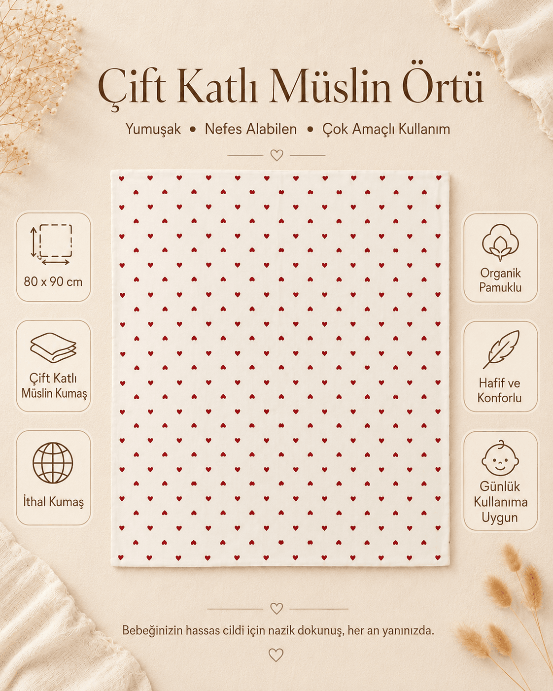 Kalp desenli çift katlı müslin örtü 80x90 cm bebek örtüsü