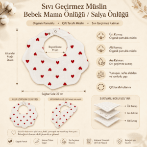 Kalp desenli sıvı geçirmez müslin bebek mama önlüğü kırmızı kalpli model