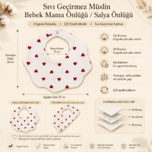 Kalp desenli sıvı geçirmez müslin bebek mama önlüğü kırmızı kalp görünümü