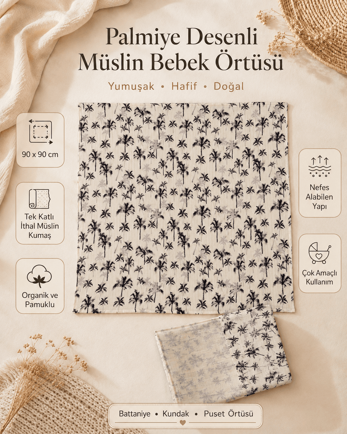 Palmiye desenli müslin bebek örtüsü 90x90 cm doğal bebek örtüsü