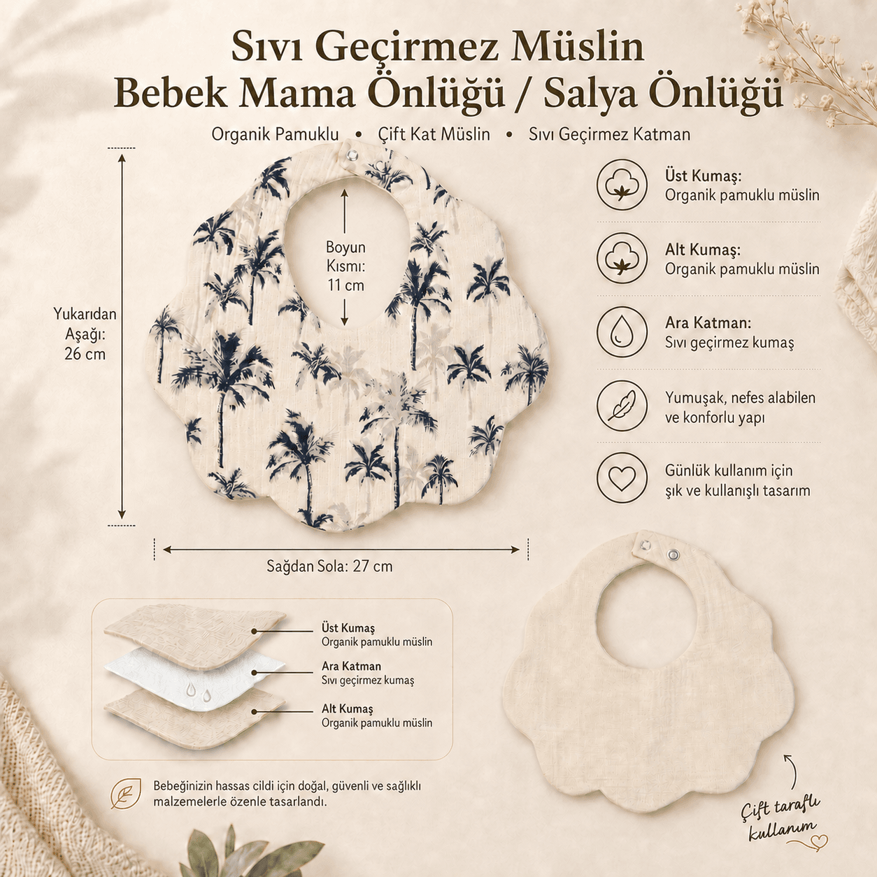 Sıvı geçirmez müslin bebek mama önlüğü palmiye desenli model