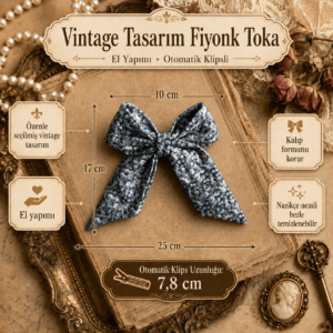 Gri vintage desenli fiyonk toka el yapımı klipsli saç aksesuarı