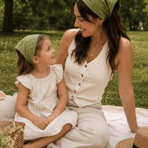 Yeşil Anne Çocuk Bandana Seti – Kullanım Görünümü yeşil anne çocuk bandana seti anne ve çocuk kullanım görünümü