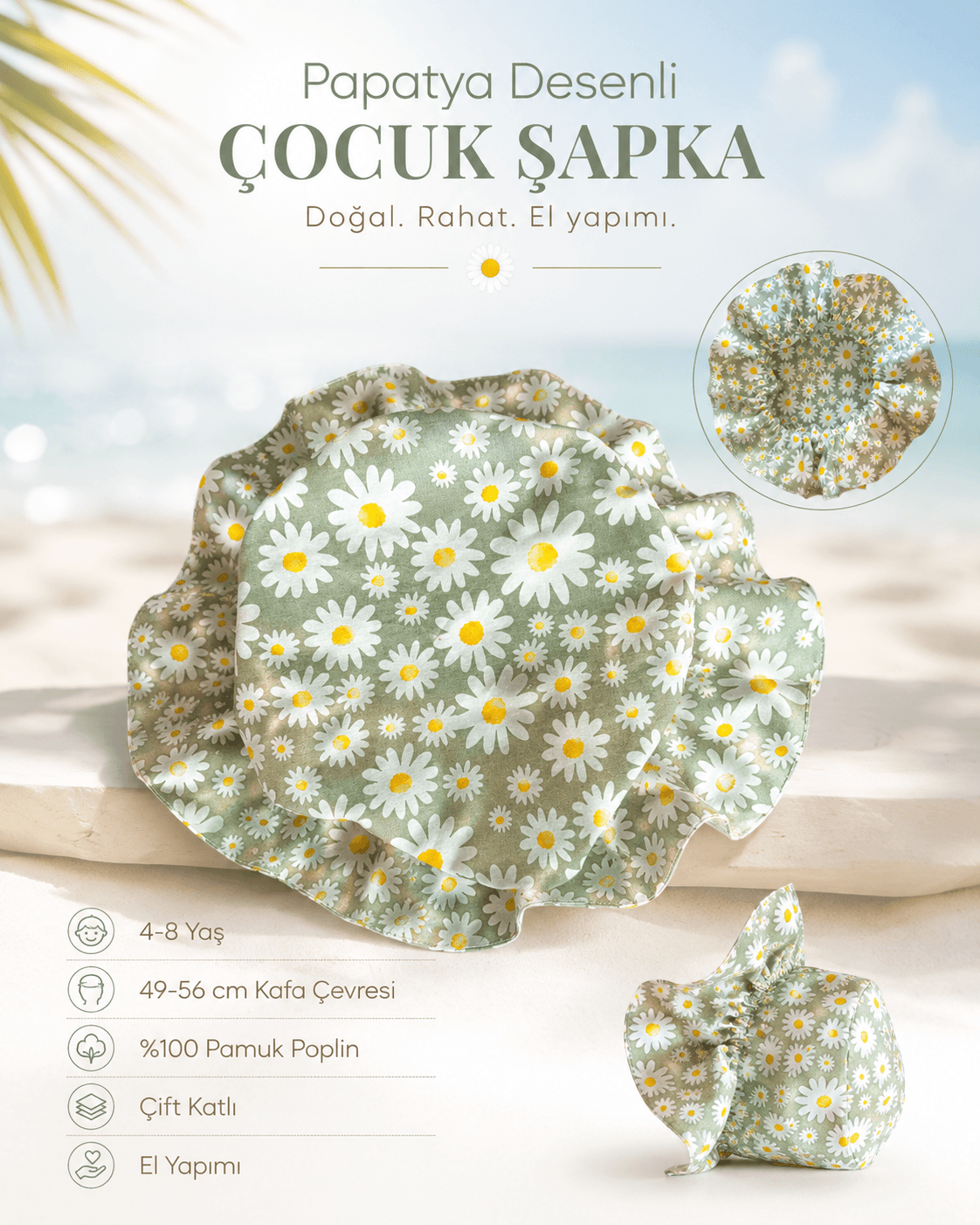 Papatya Desenli Çocuk Şapka – %100 Pamuk Poplin, 4-8 Yaş - Görsel 2