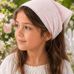 Pembe Çiçek Nakışlı Dantel Kenarlı Çocuk Saç Bandanası – 1-4 Yaş