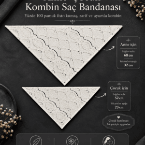 Krem Anne Çocuk Bandana Seti – Ölçü Görünümü krem anne çocuk bandana seti anne 68x32 çocuk 52x23 cm ölçü görünümü