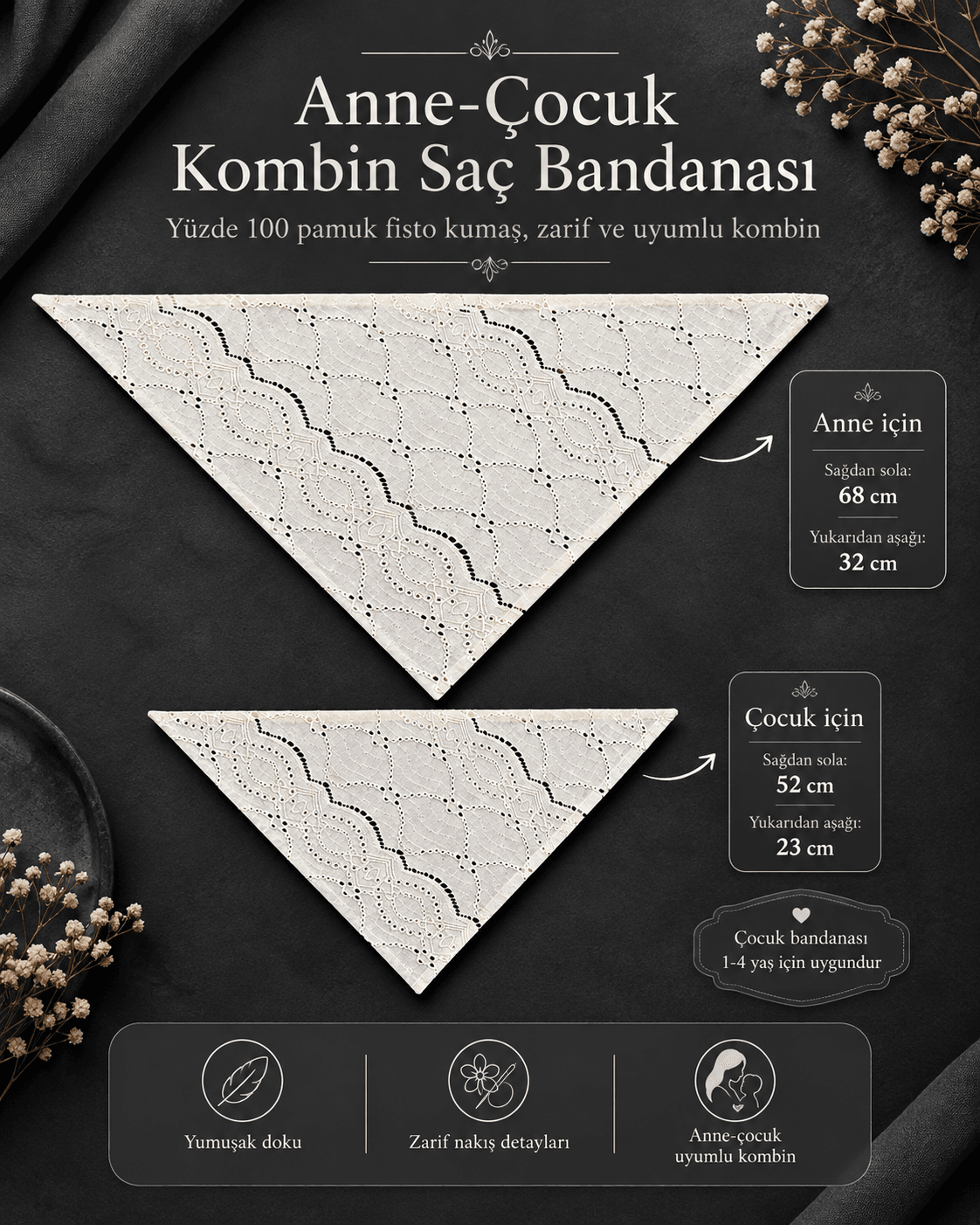 Anne çocuk bandana seti krem fisto %100 pamuk