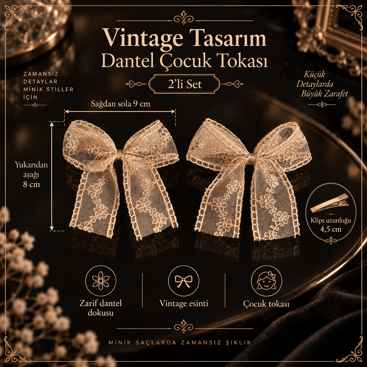 Vintage dantel çocuk tokası 2'li set 9 cm genişlik 8 cm yükseklik 4,5 cm klips