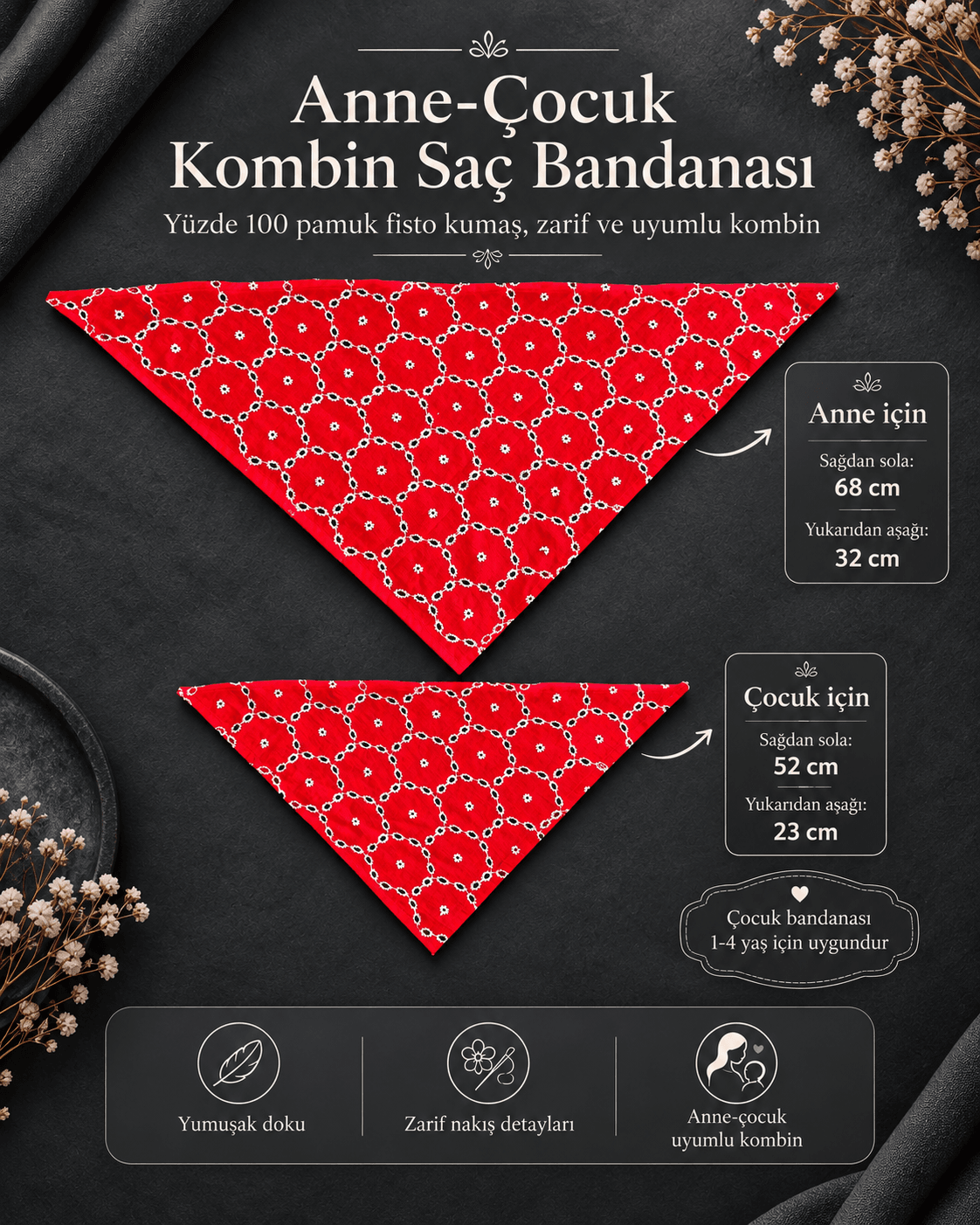 Kırmızı fisto anne kız bandana seti nakış detayları