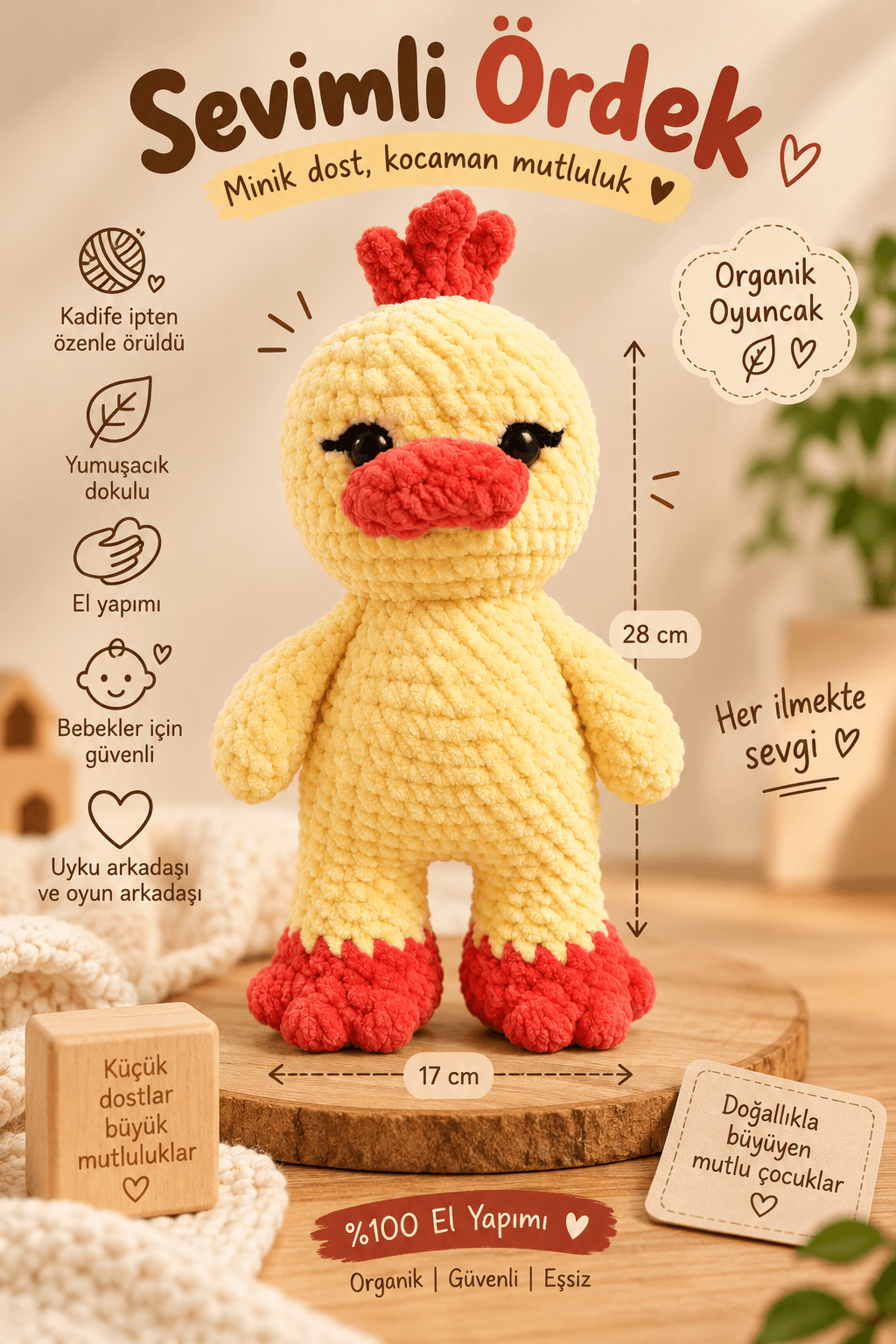 Sevimli ördek peluş oyuncak 28 cm boy 17 cm en el yapımı ürün özellikleri