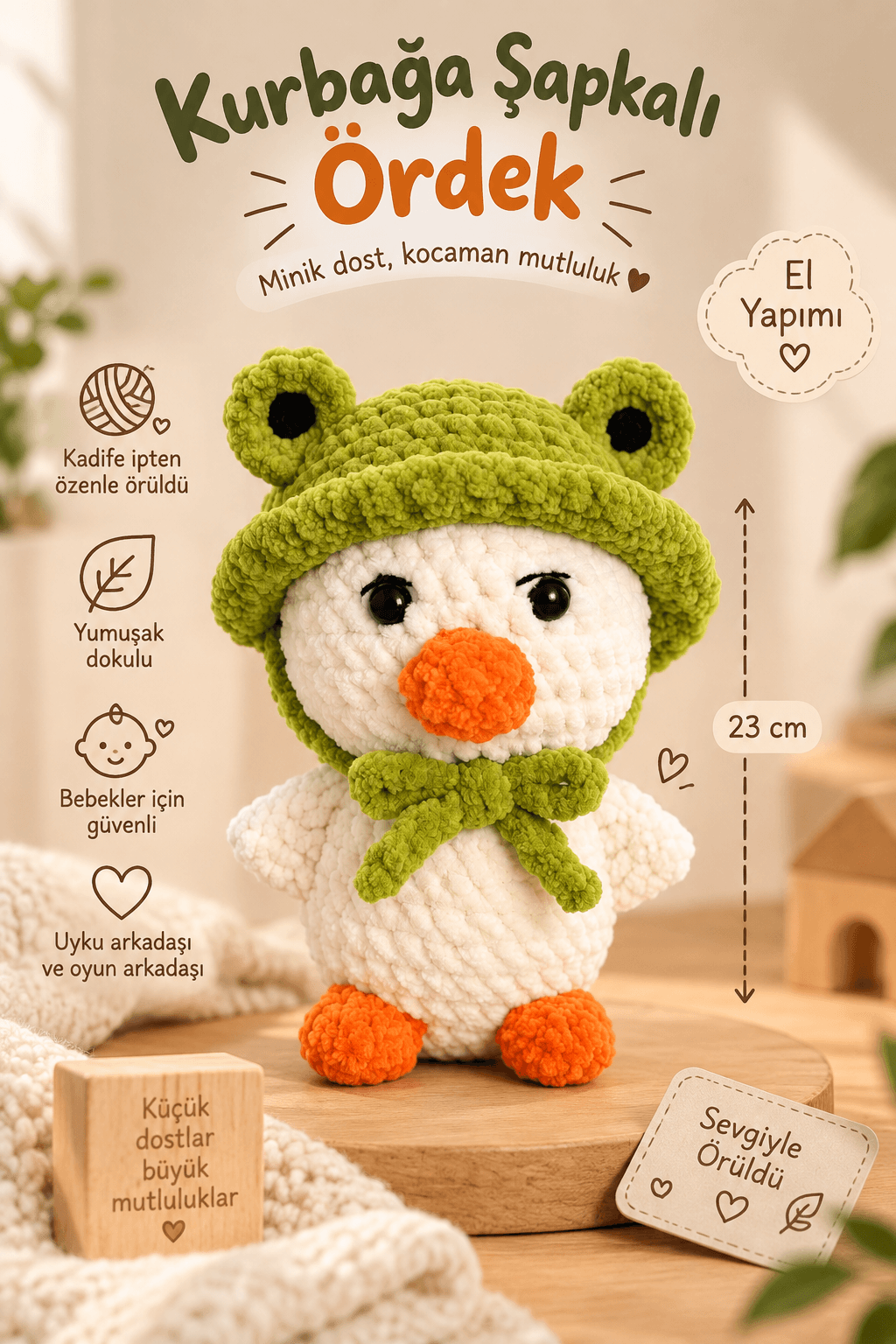Kurbağa şapkalı ördek peluş oyuncak 23 cm el yapımı kadife ip ürün özellikleri