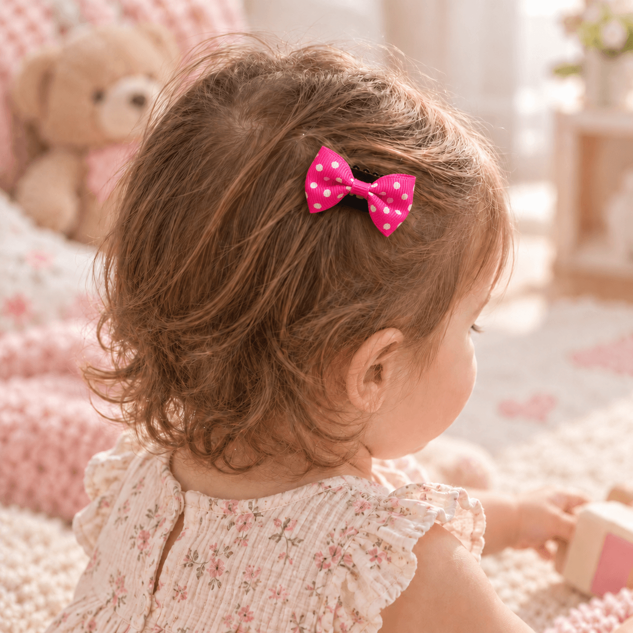 Fuşya Puantiyeli Saçsız Bebek Tokası - Vikivin Bebe