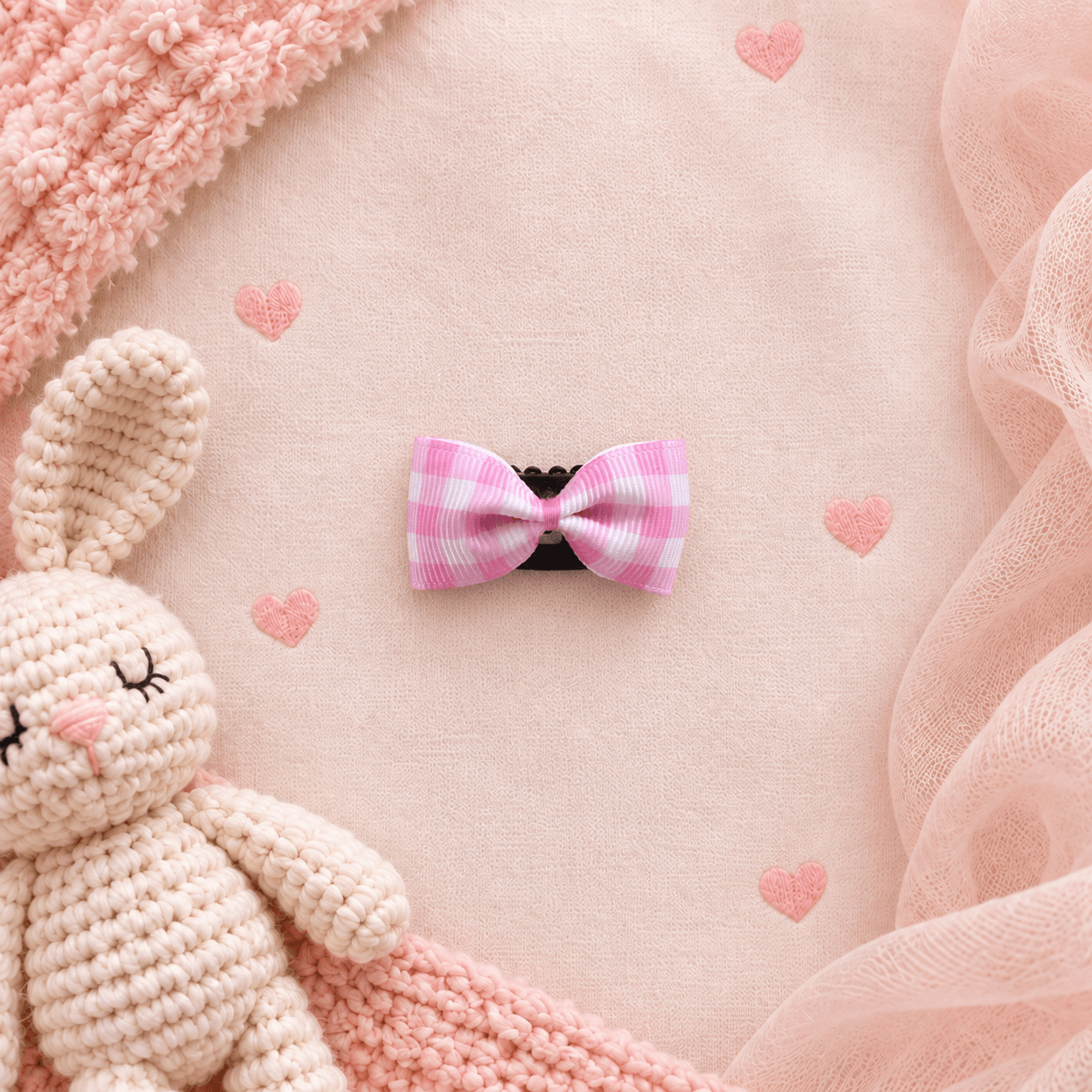 Pembe Ekoseli Saçsız Bebek Tokası - Vikivin Bebe