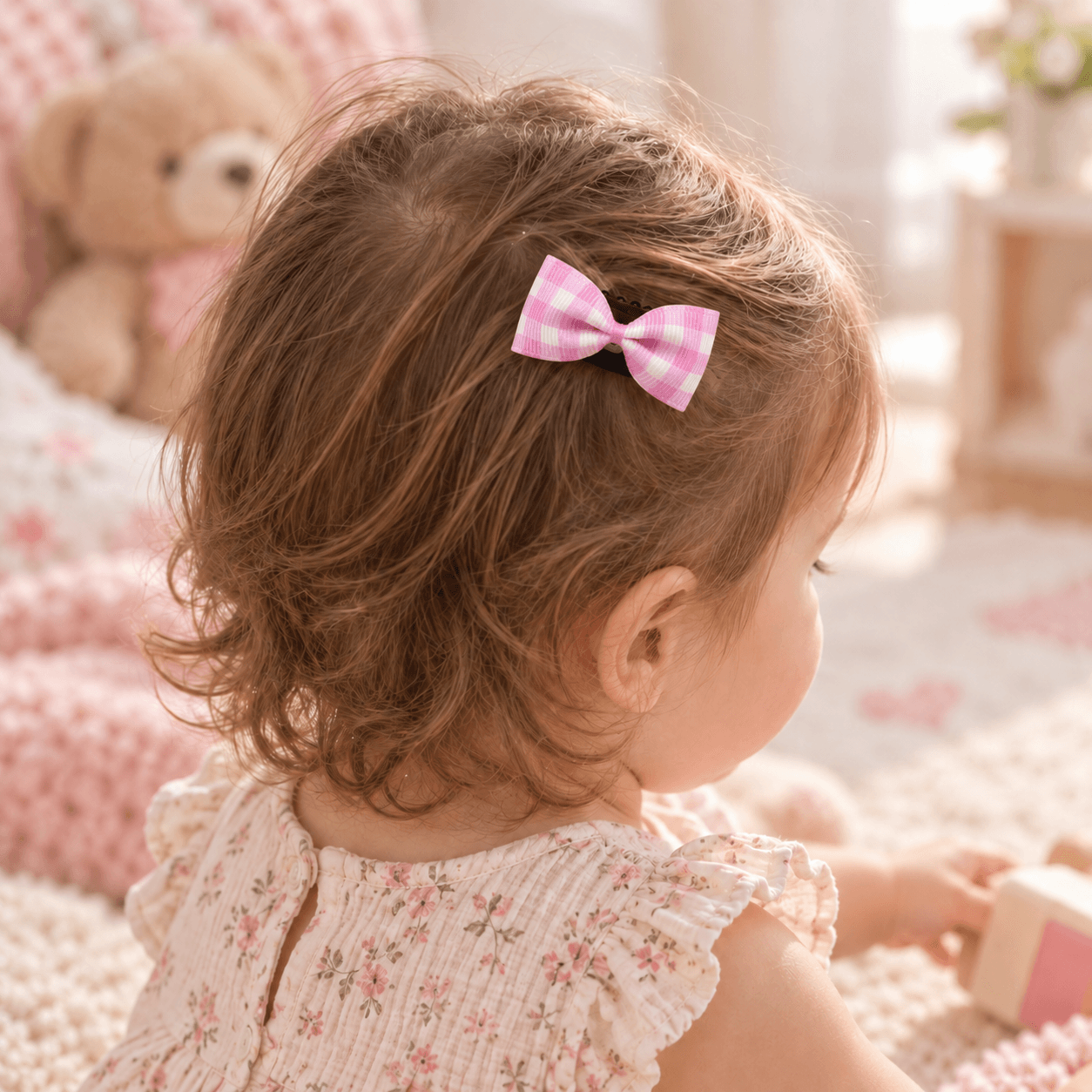 Pembe Ekoseli Saçsız Bebek Tokası - Vikivin Bebe
