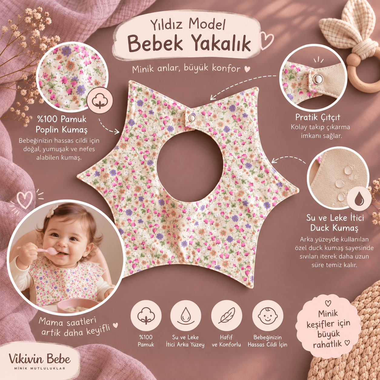Bebek yakalık Yıldız Model pamuk poplin ve su leke itici duck kumaş özellikleri